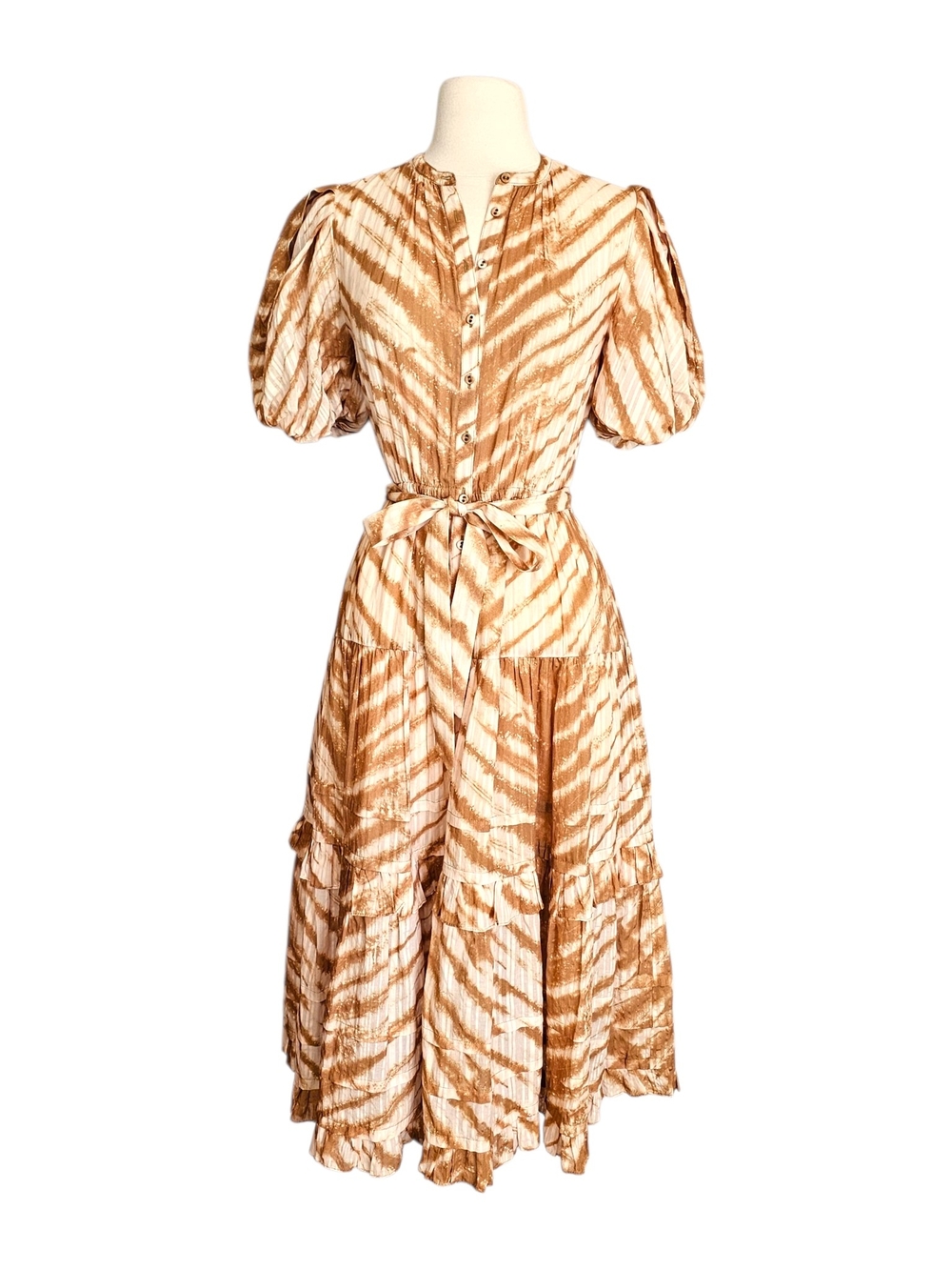 Ulla Johnson Magdalena Puff Sleeve Midi Dress Sand Tiger Tie Dye Print Size 0
